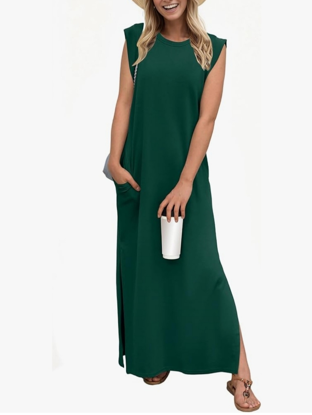 Sleeveless Dark Green Maxi Dress with Side Slit